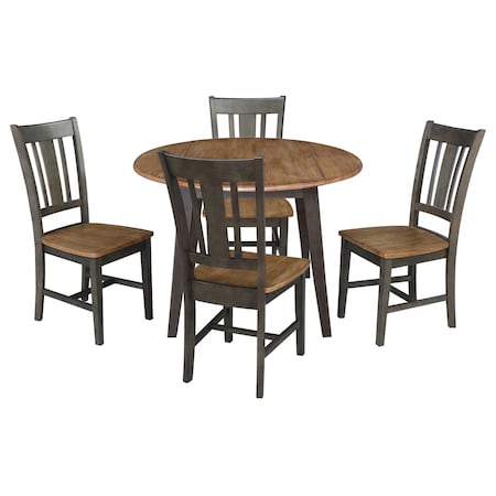 International Concepts 42 in. Solid Wood Round Dual Drop Leaf Dining Table with 4 Chairs in Hickory/Washed Coal K45-42DL-C10-4